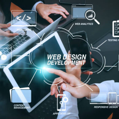 Developing programming and coding technologies with Website design in virtual diagram.co working team meeting concept,businessman using smart phone and digital tablet and laptop computer and name tag in modern office