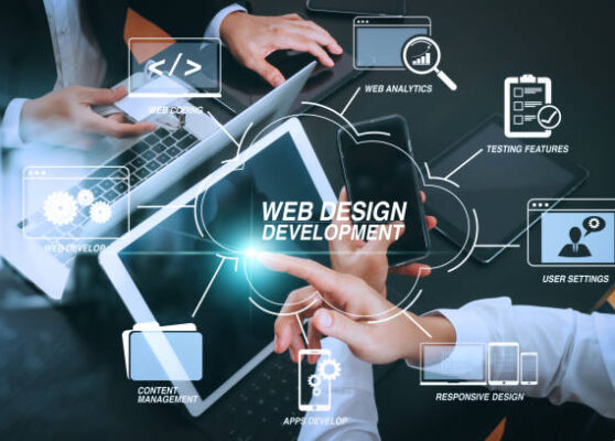 Developing programming and coding technologies with Website design in virtual diagram.co working team meeting concept,businessman using smart phone and digital tablet and laptop computer and name tag in modern office