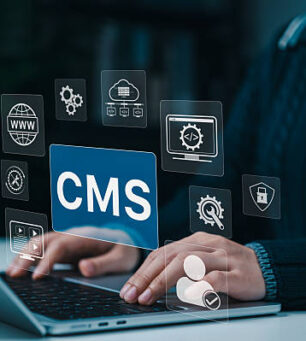 Woman working on laptop with CMS - Content Management System interface icons, representing website management, coding, cloud technology, workflow tools and digital security for web development concept